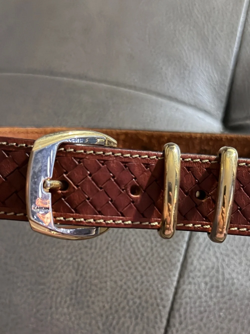 Vintage Pierre Cardin Brown Woven Leather Belt with Gold Accents